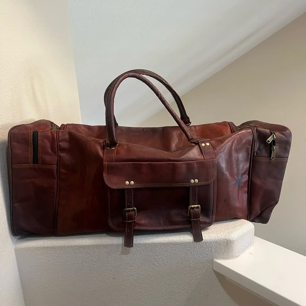 Men's‎ Genuine Dark Leather Large Vintage Duffel Travel Weekend Overnight Bag